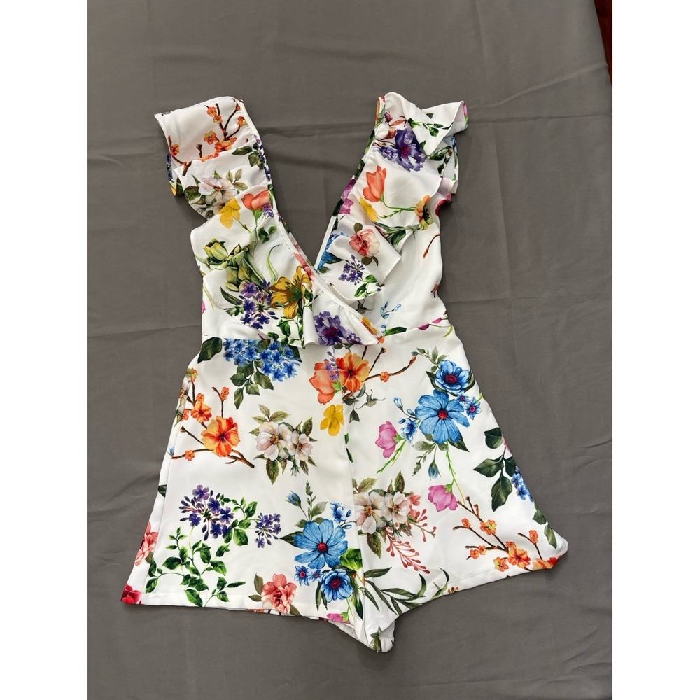 Lilyful Floral Print Women's Teen's Shorts Romper with Ruffled Sleeves Size M